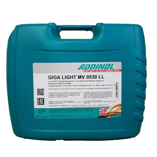 ADDINOL GIGA LIGHT MV 0530 LL Longlife Motoröl 5W-30 20 Liter