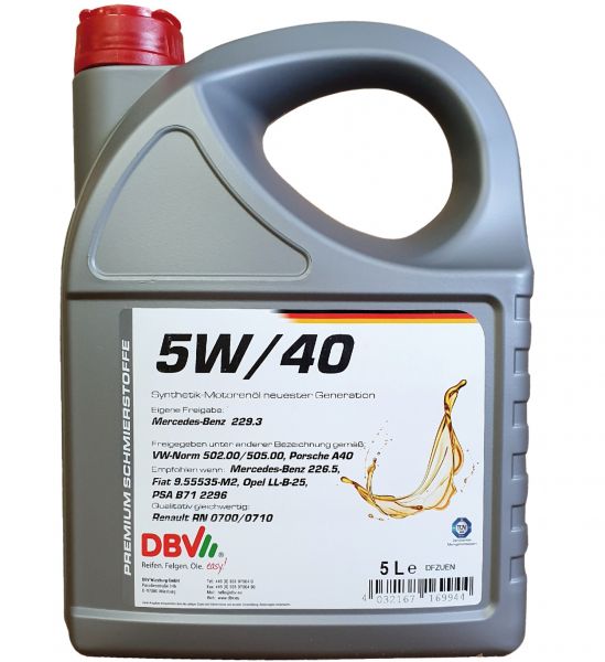 DBV 5W-40 Synthetik Motorenöl neuster Generation 5 Liter